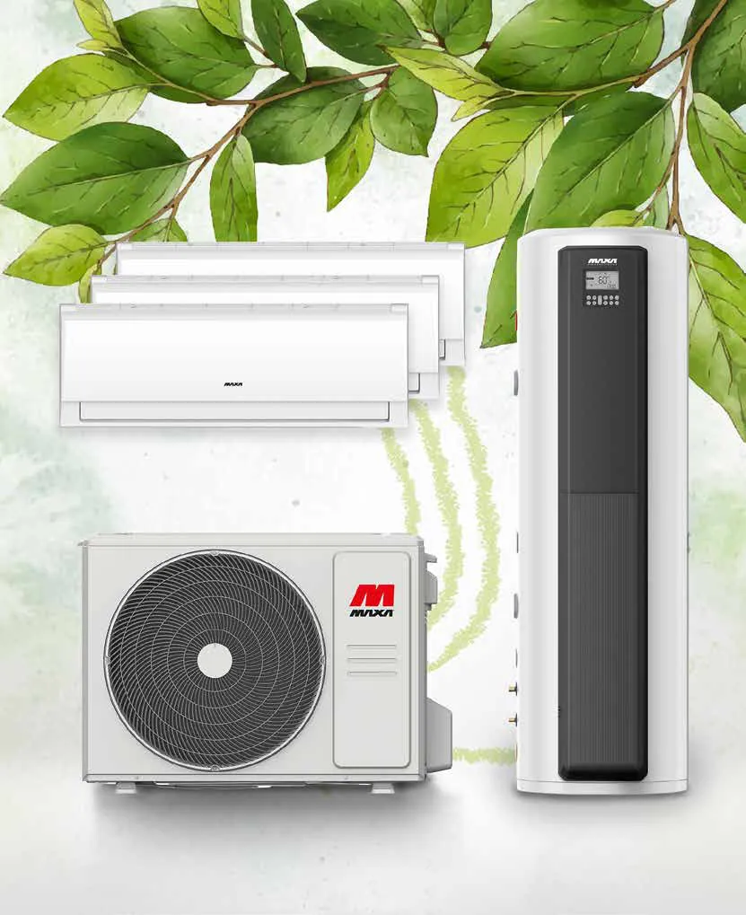 MAXA Total-One — outdoor inverter condenser, three indoor hi-wall heads and integrated 190-litre domestic hot water cylinder
