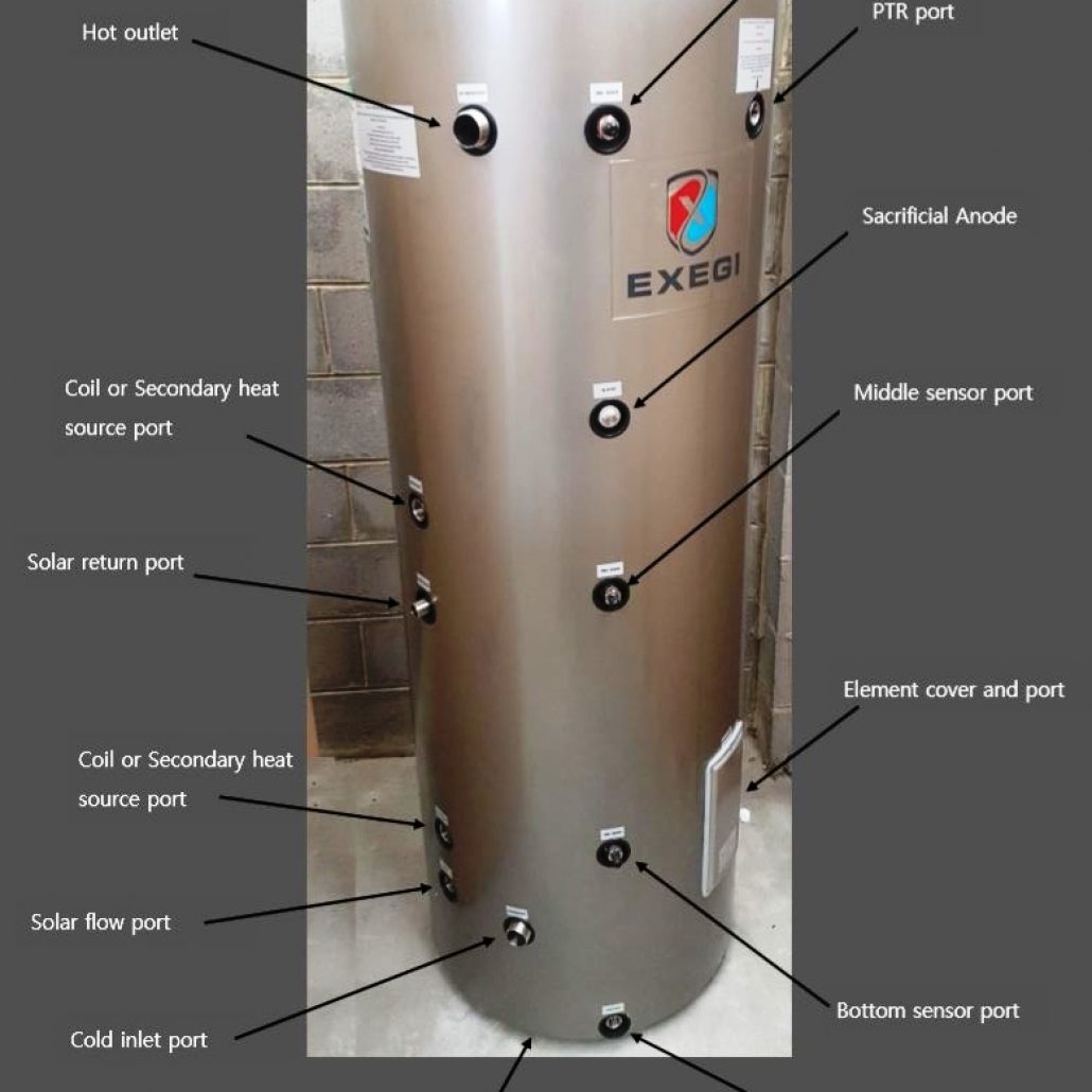 Exegi hydronic hot water storage tank
